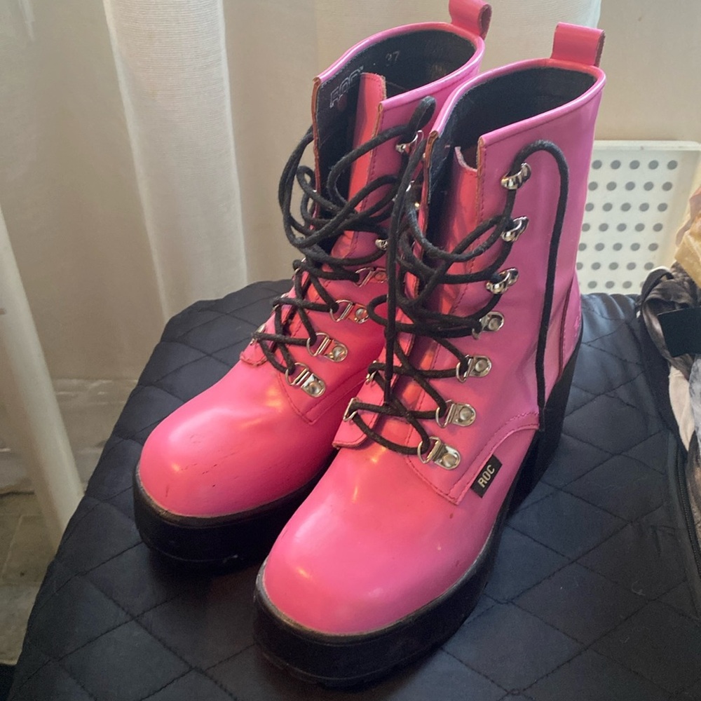 Pink and Black Combat Moto Boots with Glossy Finish